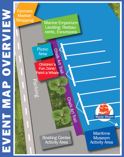 Event map showing parking, picnic area, farmers market, childrens fun zone, chalk art trail, Marine Emporium Landing, boating center, and maritime museum activity area.