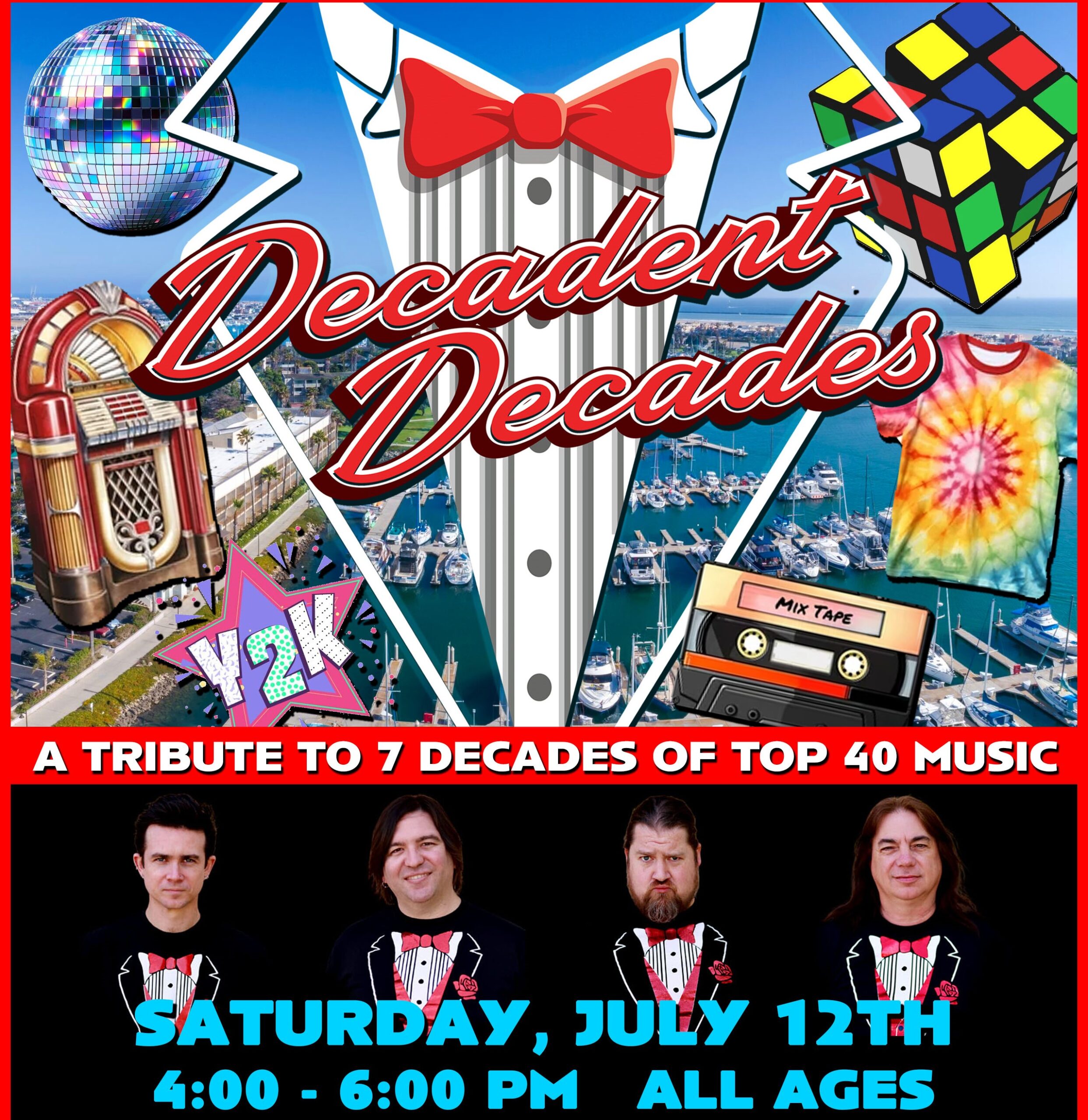 Event flyer for Decadent Decades: A Tribute to 7 Decades of Top 40 Music featuring band photos, retro icons, and event details for Saturday, July 12th, 4-6 PM, all ages.