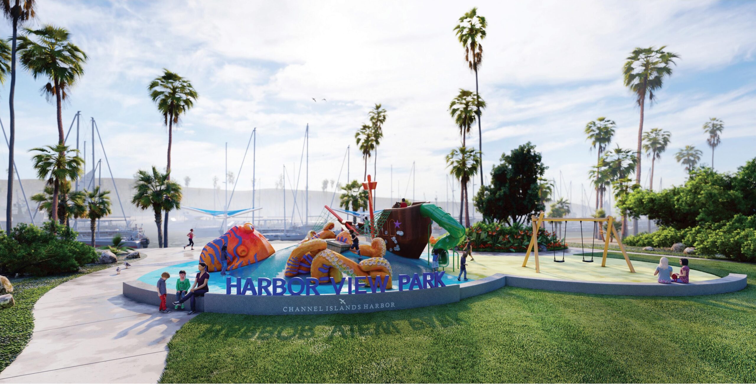 A colorful playground at Harbor View Park features nautical-themed equipment, a swing set, and palm trees, with boats and masts visible in the background.
