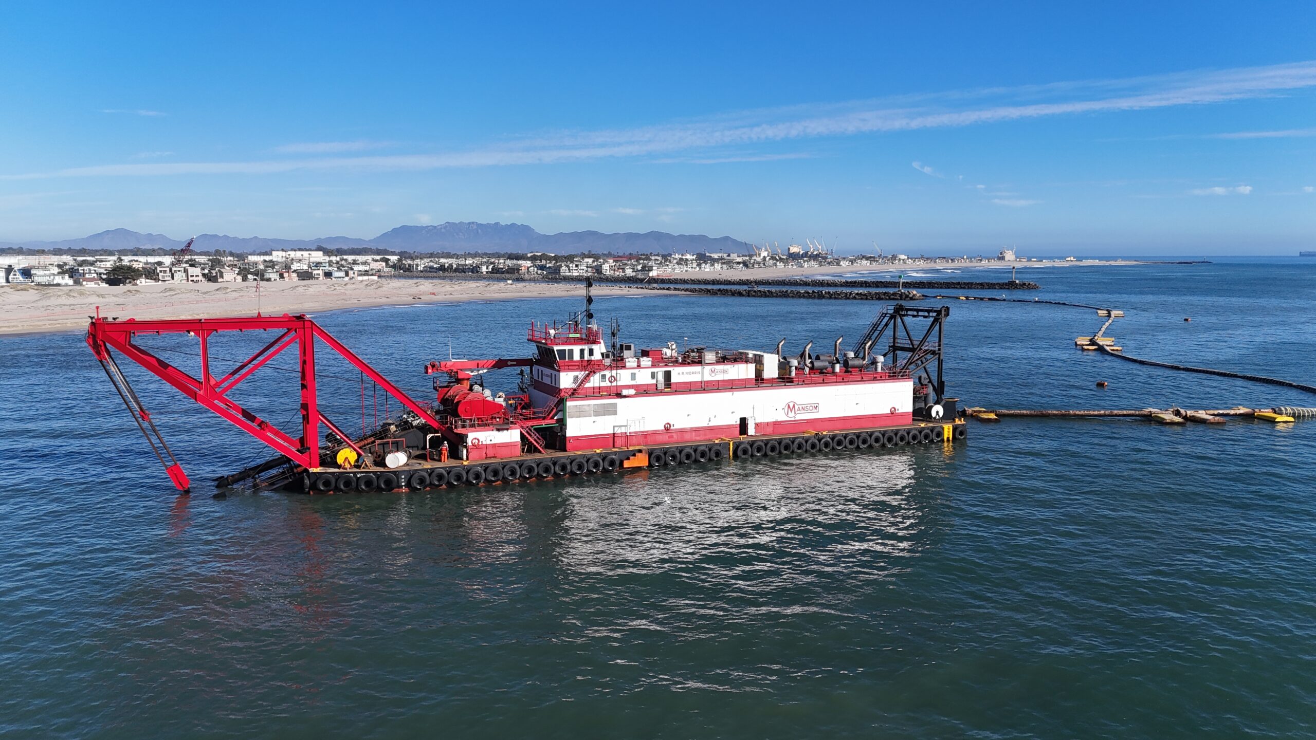 Dredging vessel at Channel Islands Harbor preparing for maintenance in October 2025.