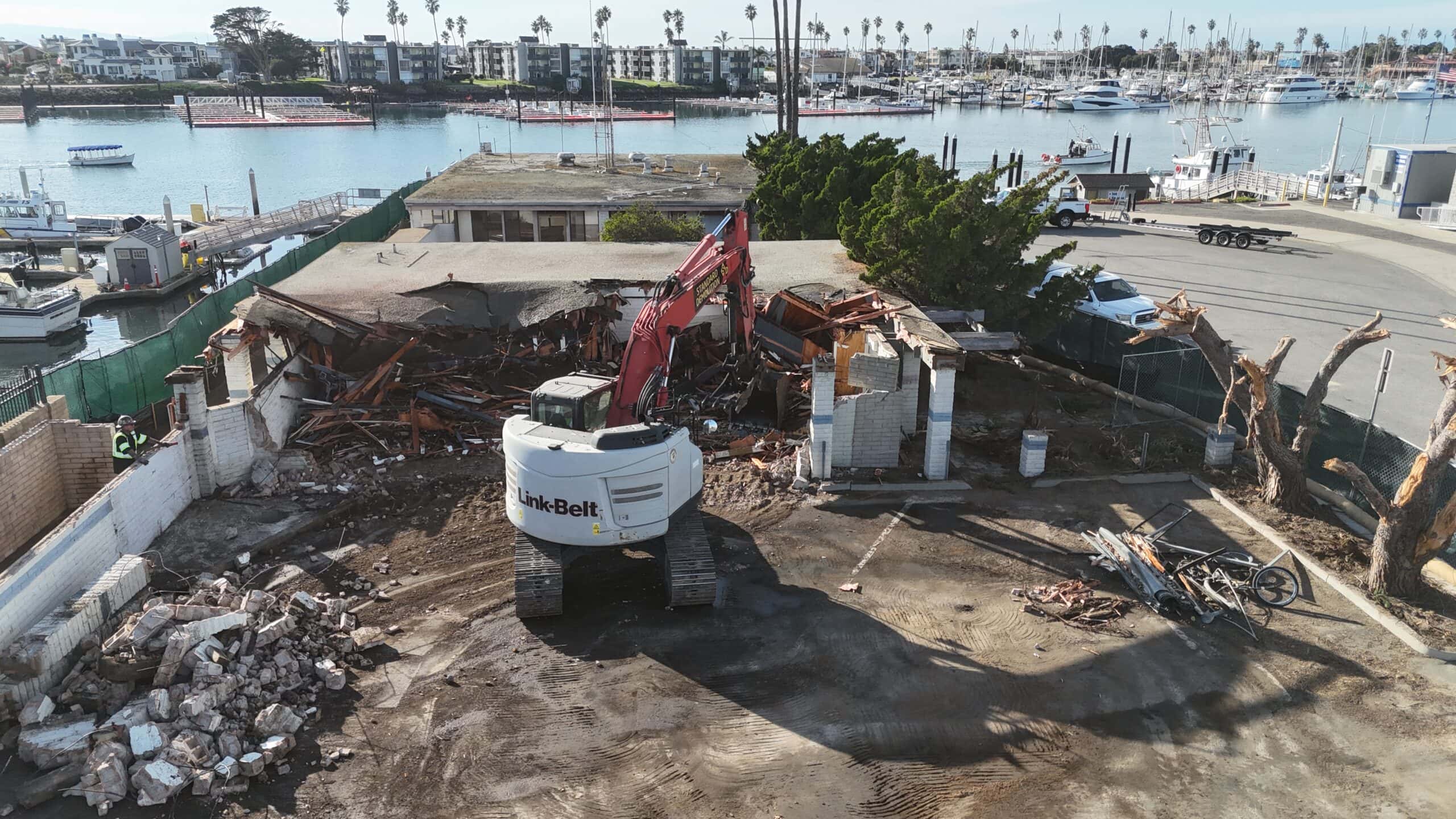 Demolition of old structures at Channel Islands Harbor for project updates.