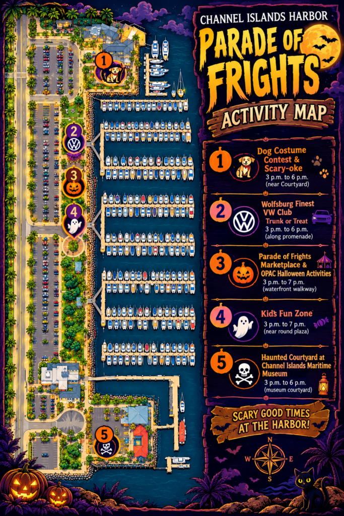 Map of Channel Islands Harbor Parade of Frights with activity zones and Halloween decorations.