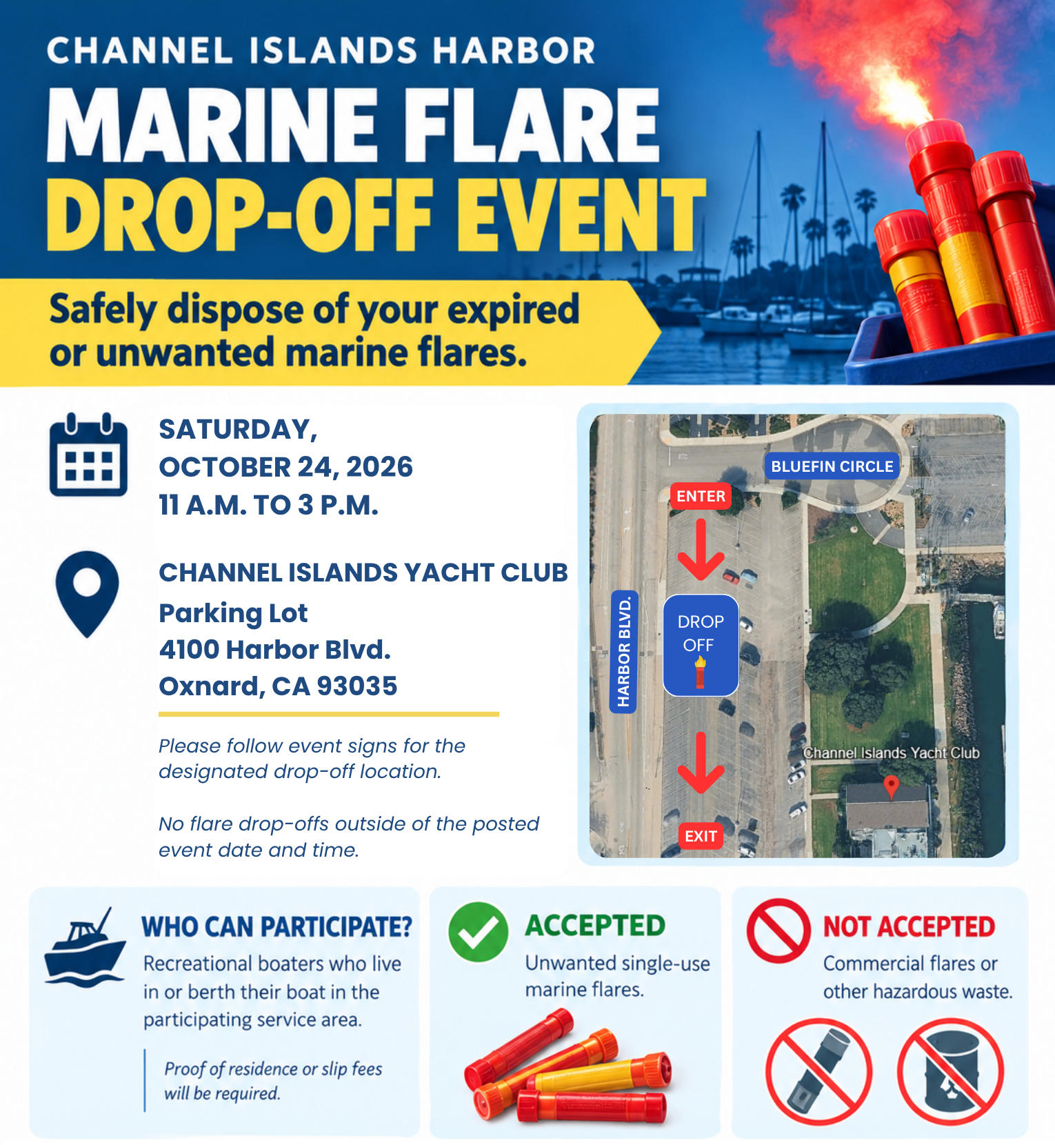 Channel Islands Harbor marine flare drop-off event poster with map and details.
