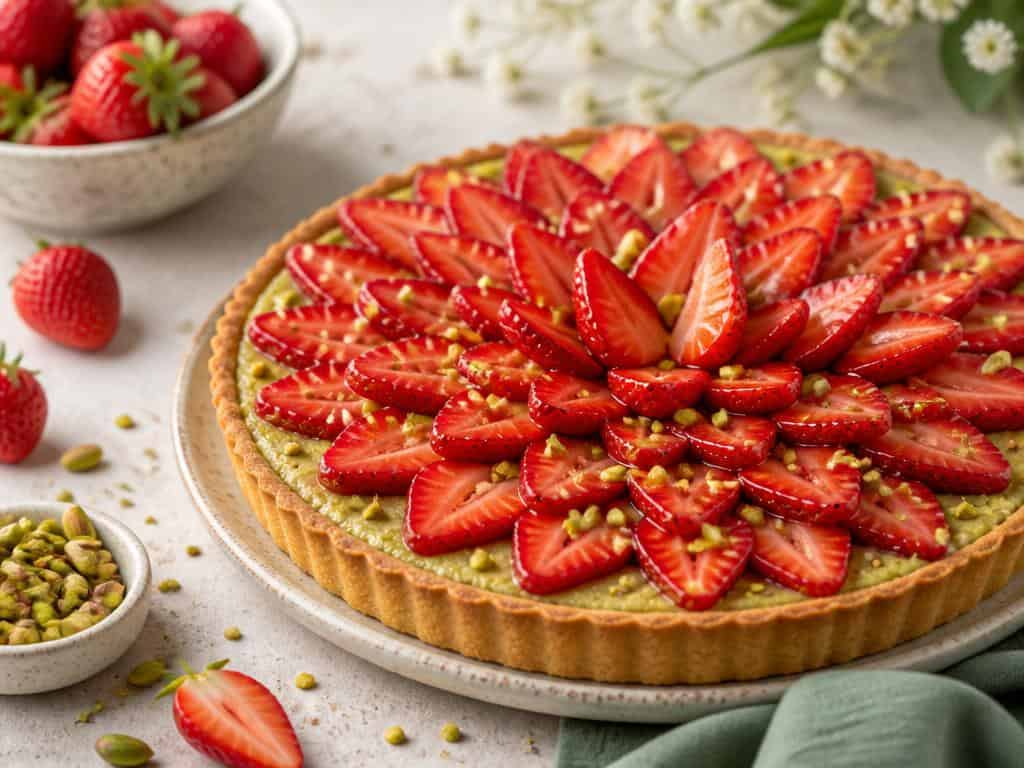 tarte aux fraises et creme d amande a la pistache