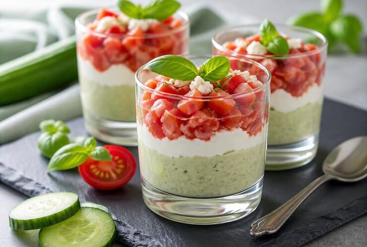 verrine de mousse concombre chevre et tomate basilic fid