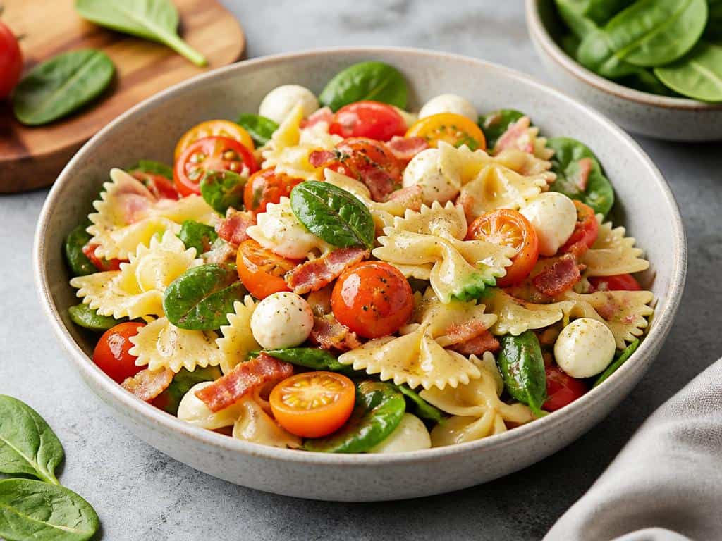 salade de farfalles tomates pousses depinards mozzarella et pancetta