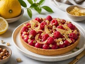 tarte au citron yuzu et framboise cedrat confit sable noisette