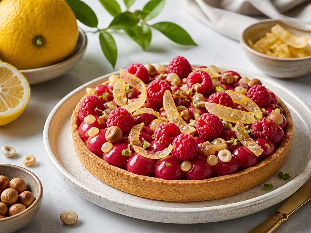 tarte au citron yuzu et framboise cedrat confit sable noisette