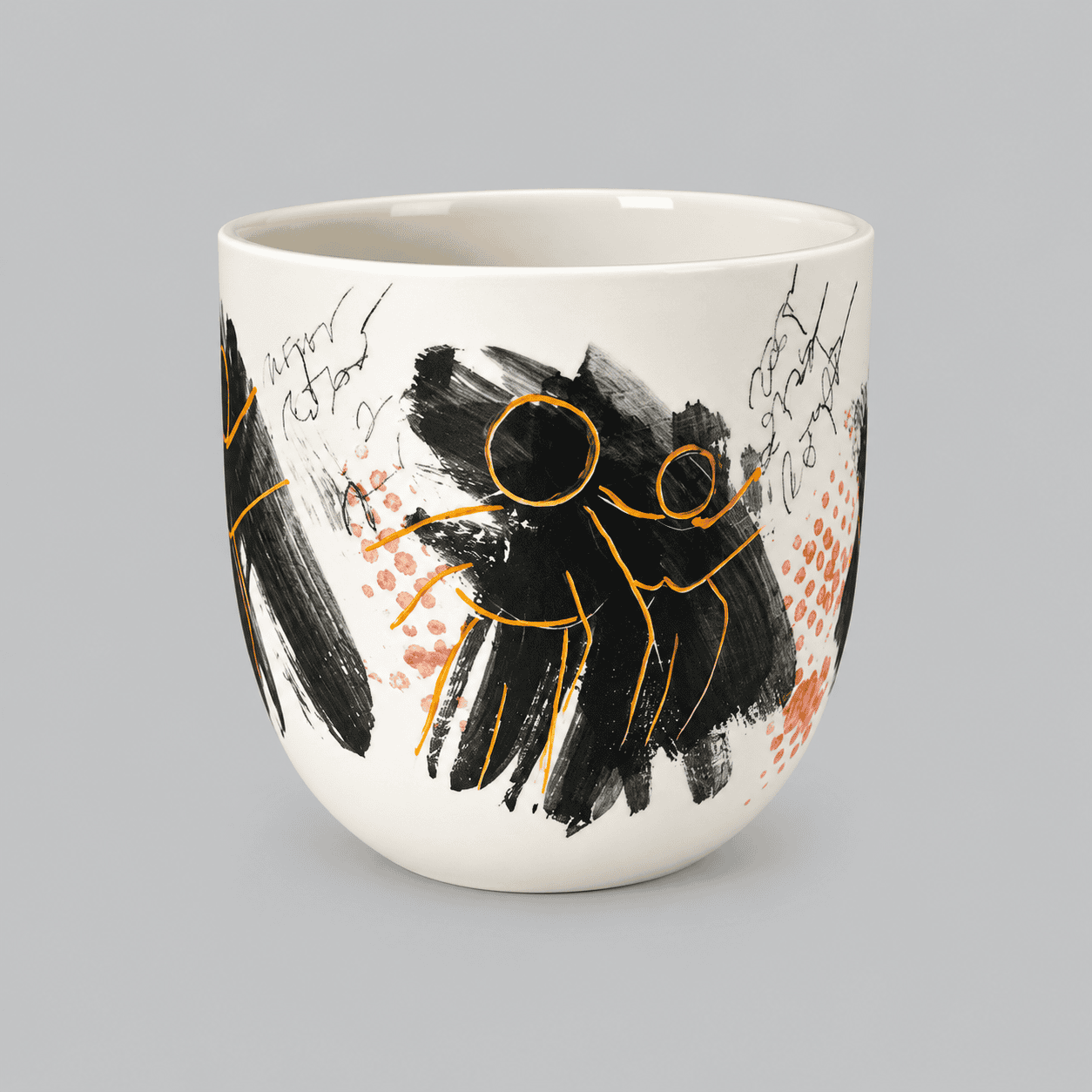 Unik keramisk kop med sort, orange og pink kunstnerisk mønster.