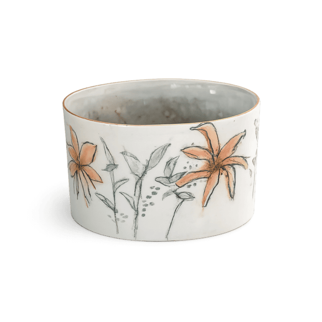 Håndlavet keramisk kop med blomstermotiver i bløde farver.