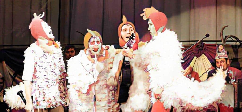 Die Band De Höhner in Hühner-Kostümen mit weißen Federn auf der Bühne