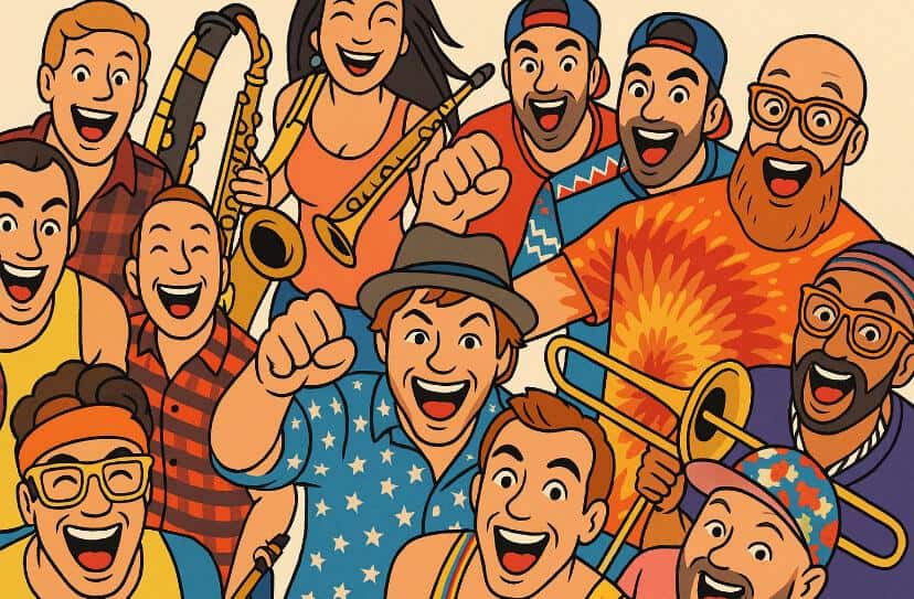 Cartoon-Illustration der Band Querbeat mit Blasinstrumenten