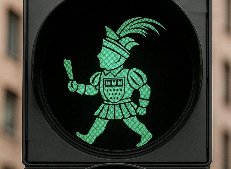 Grünes Ampelmännchen in Gestalt eines Prinz-Karneval-Ritters