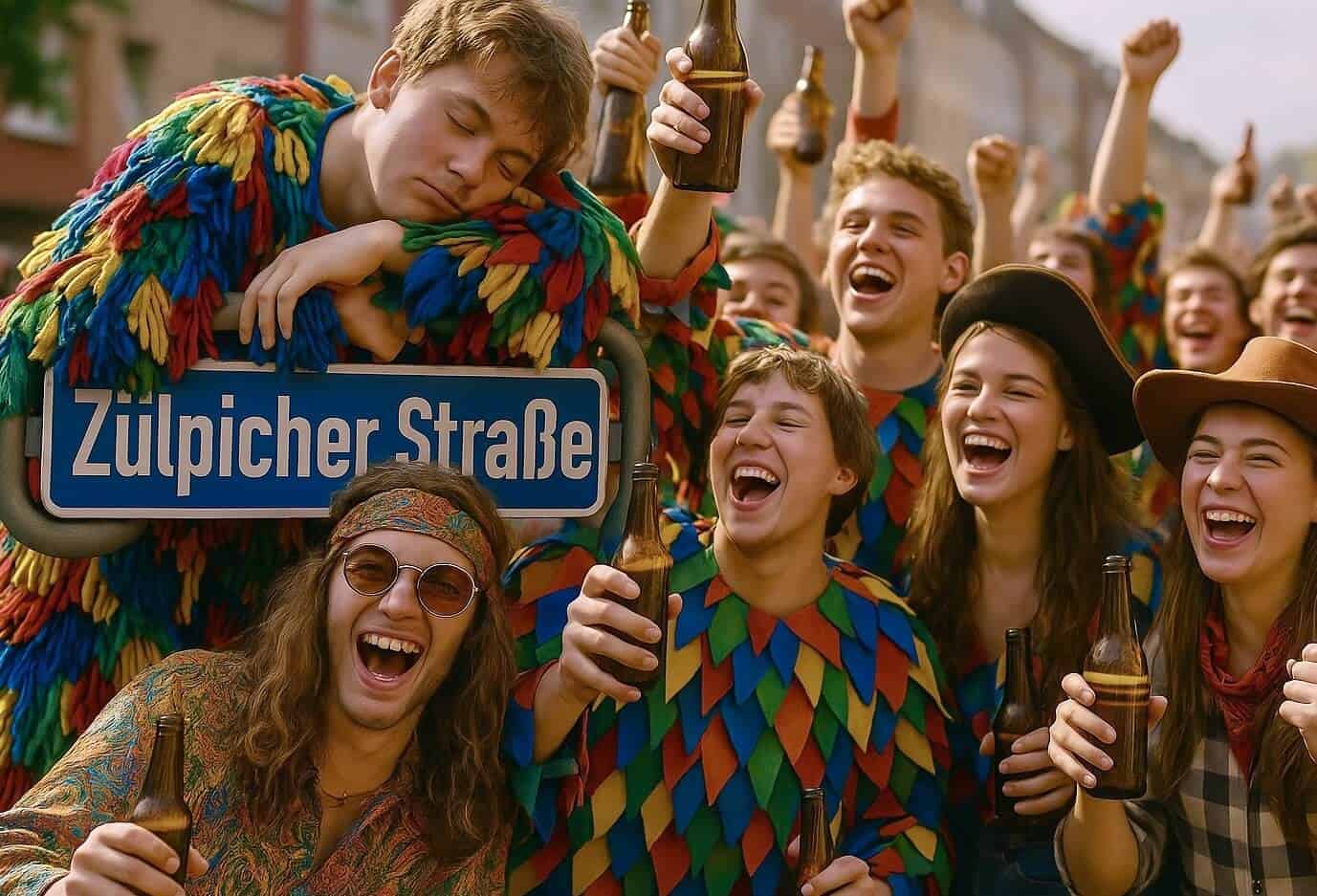 Junge Feiernde mit Bierflaschen unter dem Schild „Zülpicher Straße"