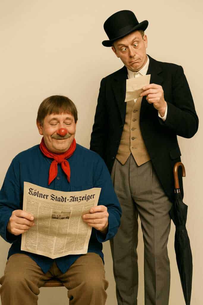 Zwei Männer in Karnevalskostümen, einer mit roter Clownsnase liest die Zeitung „Kölner Stadt-Anzeiger", der andere mit Melone hält Zettel und Regenschirm