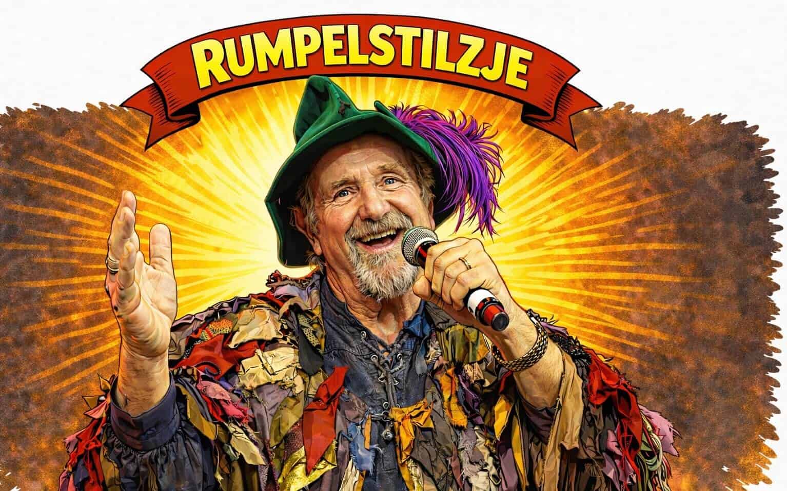 Werbegrafik für den Büttenredner Fritz Schopps als „Rumpelstilzje" mit grünem Hut und Federschmuck