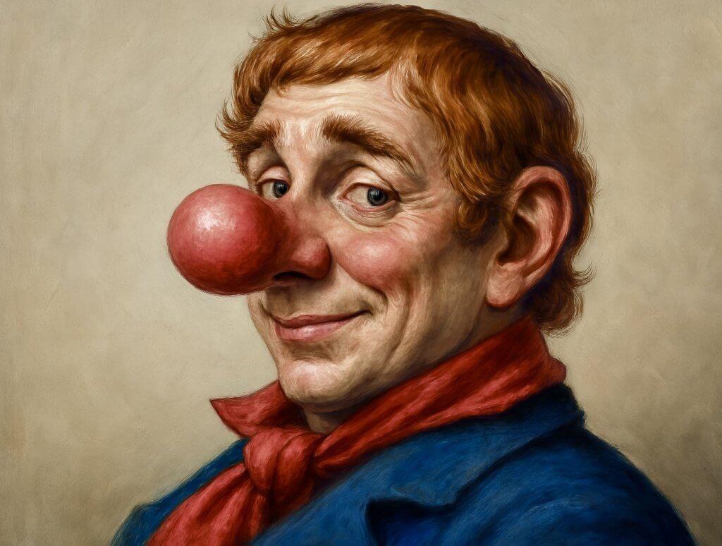 Illustriertes Porträt eines Clowns mit roter Nase und rotem Schal