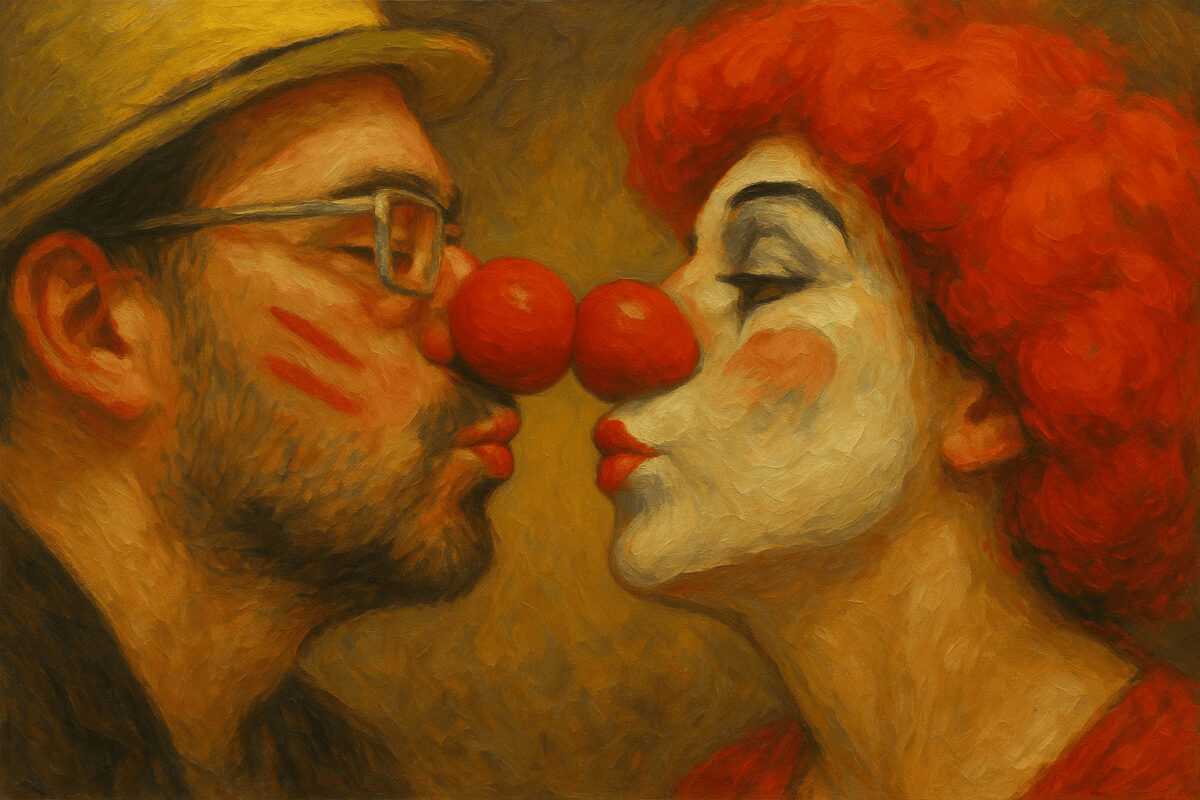Gemälde-Illustration von Mann und Frau mit roten Clownsnasen kurz vor einem Bützje