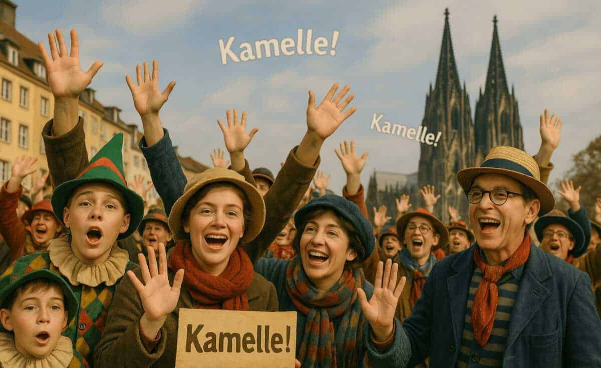 Illustration einer jubelnden Menschenmenge mit erhobenen Händen ruft „Kamelle!" vor dem Kölner Dom