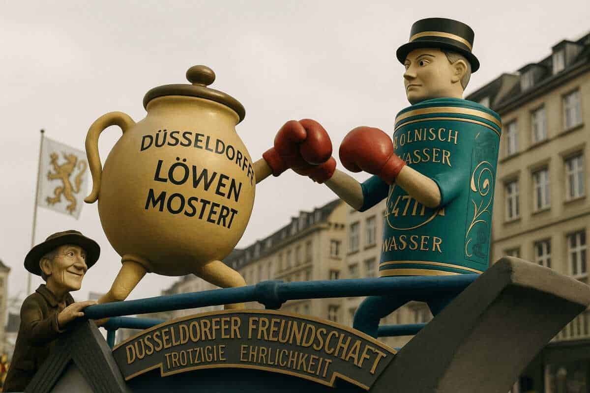 Karnevalswagen mit boxenden Figuren: Düsseldorfer Löwensenf-Topf gegen Kölnisch-Wasser-Flasche