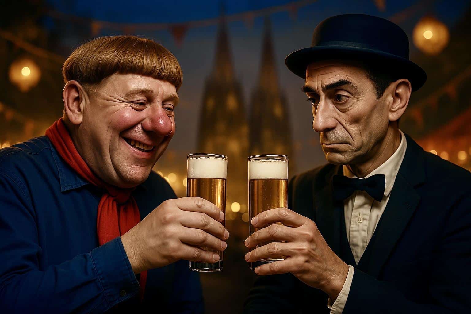 Illustration zweier Karnevals-Kultfiguren, die mit Kölschgläsern anstoßen, im Hintergrund der Kölner Dom