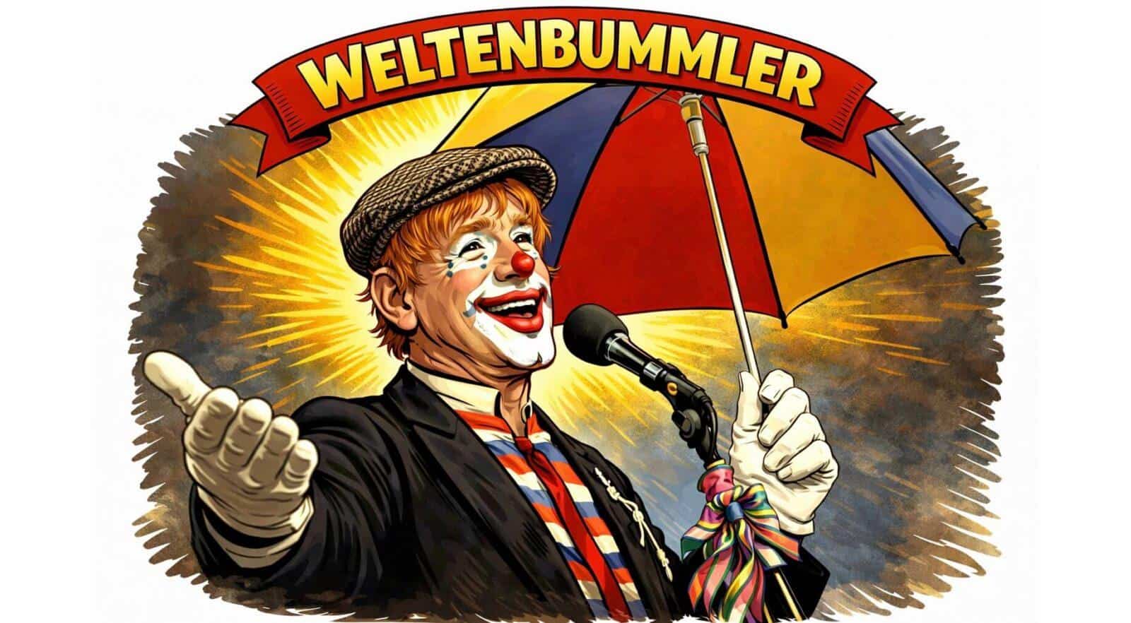 Gerd Rück als Weltenbummler des Kölner Karnevals mit Regenschirm und Clownsmakeup.