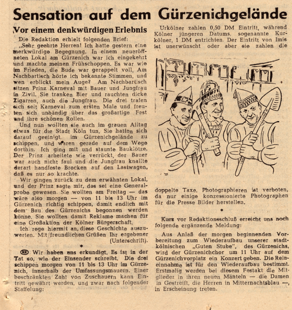 Zeitungsartikel „Sensation auf dem Gürzenichgelände" mit Illustration des Dreigestirns, ein Aprilscherz der Kölnischen Rundschau