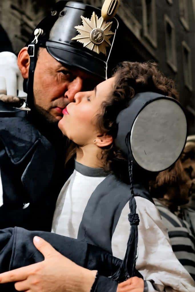 Mann in historischer Uniform küsst eine junge Frau in Trommler-Kostüm