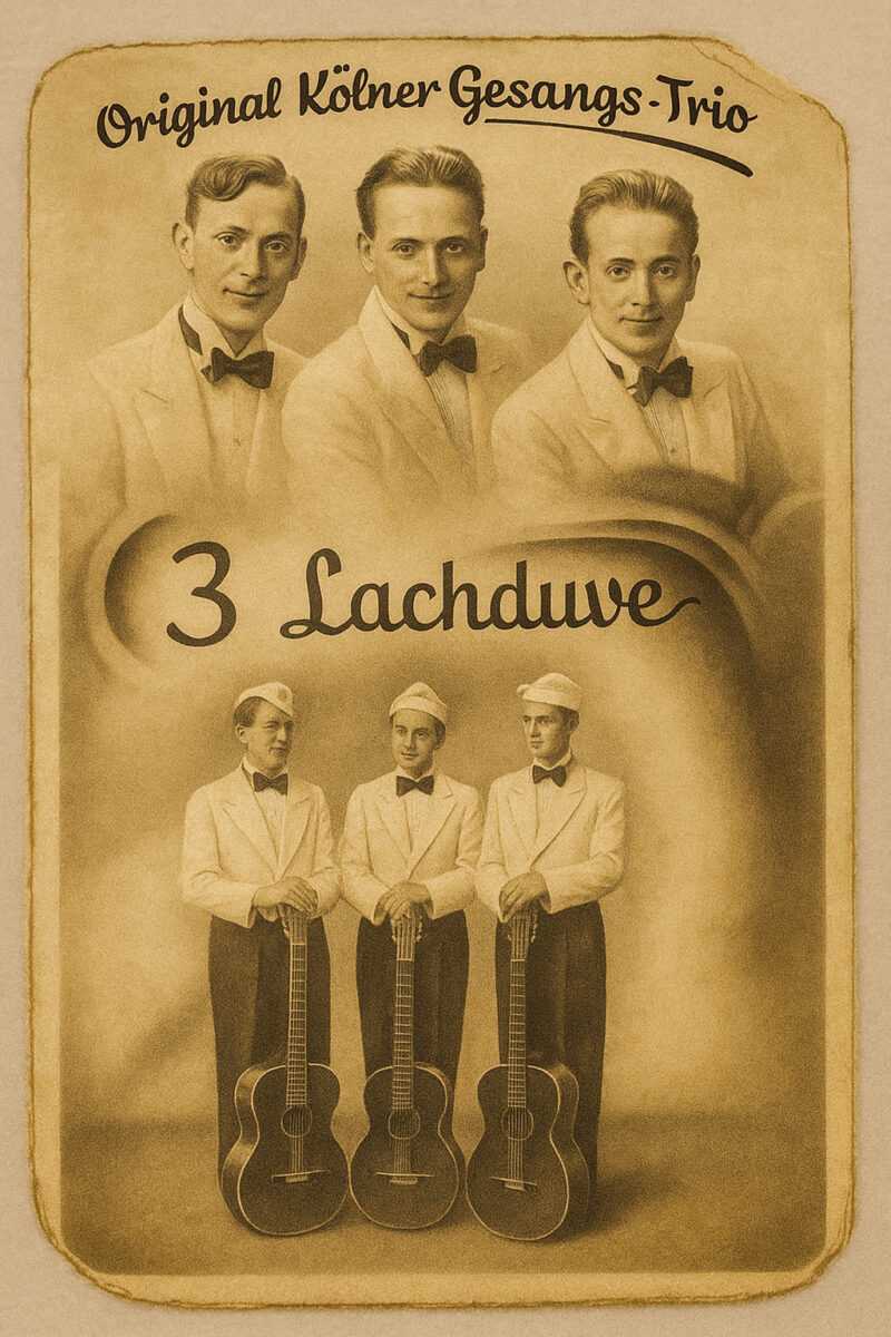 Historische Werbekarte des „Original Kölner Gesangs-Trio 3 Lachduve" mit drei Sängern und Gitarren