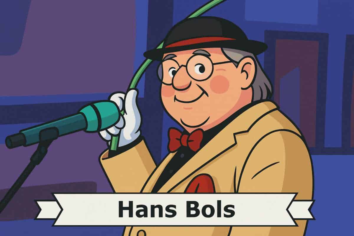 Cartoon-Illustration von Hans Bols mit Melone und Mikrofon