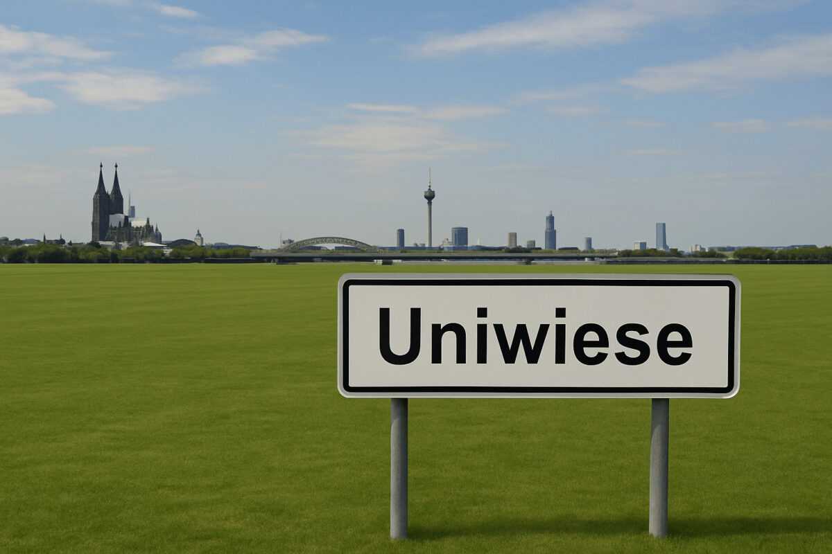 Schild „Uniwiese" auf einer Wiese mit Kölner Skyline im Hintergrund