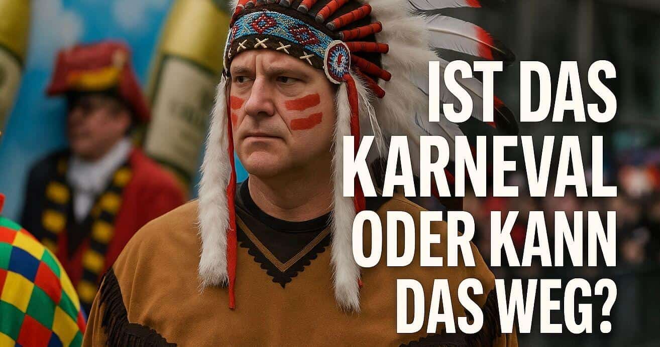 Mann mit Federkopfschmuck und Kriegsbemalung im Karnevalskostüm, Bildtext „Ist das Karneval oder kann das weg?"