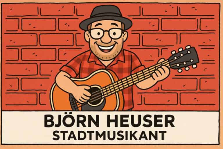 Illustration von Björn Heuser mit Gitarre vor Backsteinwand
