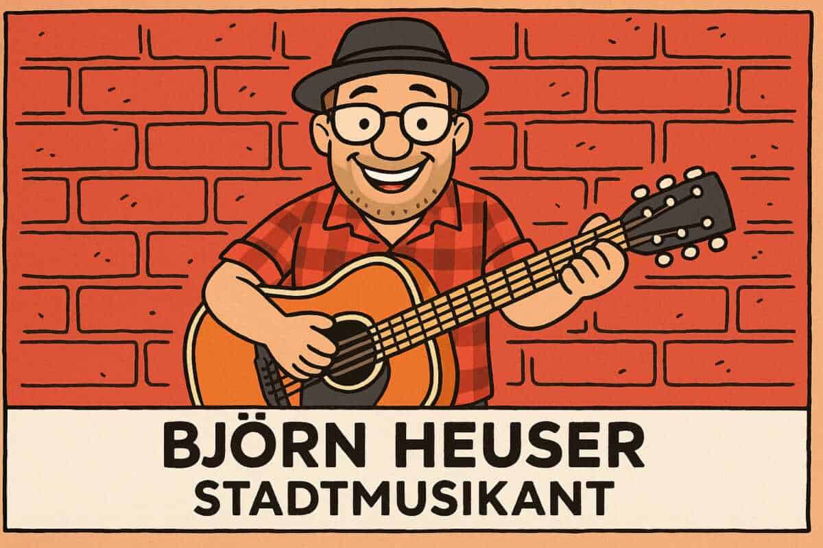 Illustration von Björn Heuser mit Gitarre vor Backsteinwand