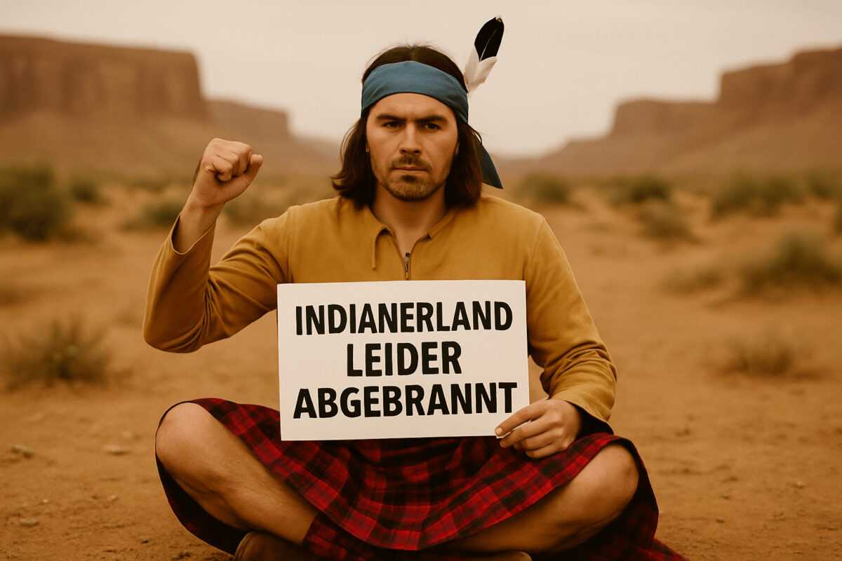 Mann mit Kopfband und Feder hält ein Schild „Indianerland leider abgebrannt"