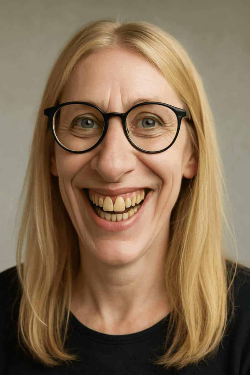 Frau mit Brille lacht in die Kamera