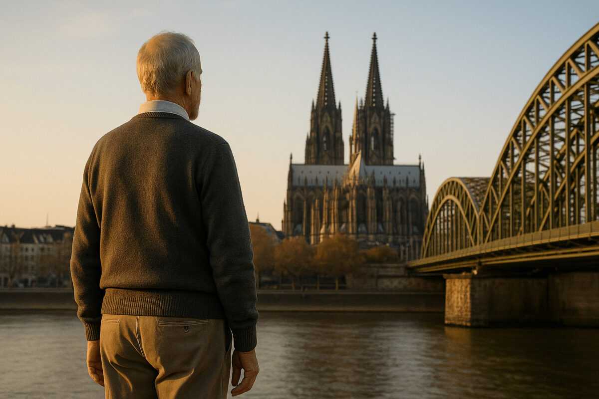 Mann von hinten blickt über den Rhein auf den Kölner Dom und die Hohenzollernbrücke