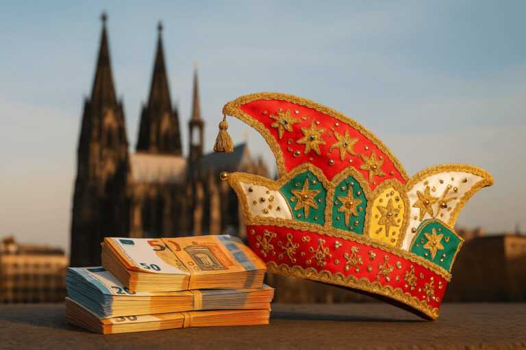 Narrenkappe neben Geldscheinstapeln vor dem Kölner Dom