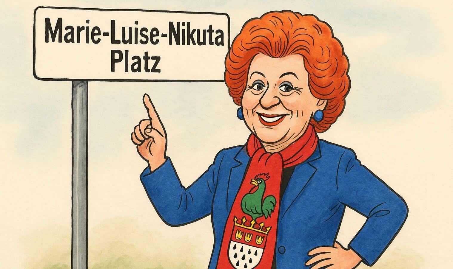 Marie-Luise-Nikuta-Platz mit Statue und Schild in Köln.