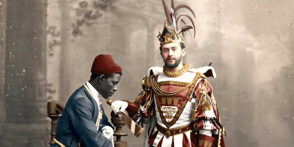 Prinz Karneval mit einer Person in kolonialzeitlicher Dienerrolle, historische Aufnahme