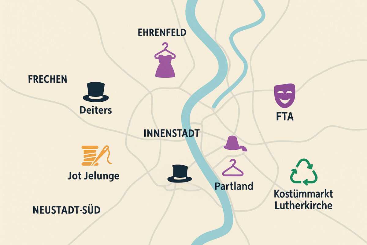 Illustrierte Karte mit Kölner Kostümgeschäften nach Stadtteilen