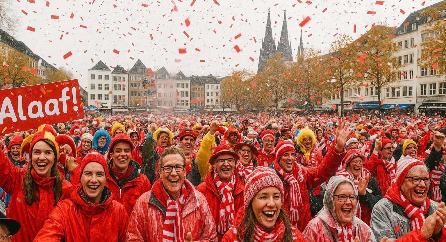 Menschenmenge in roten Kostümen mit Konfetti bei der Sessionseröffnung am Heumarkt, im Hintergrund der Kölner Dom