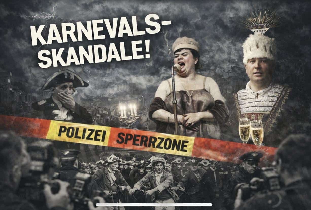 Skandal im Kölner Karneval mit Polizeiabsperrung und verkleideten Teilnehmern.