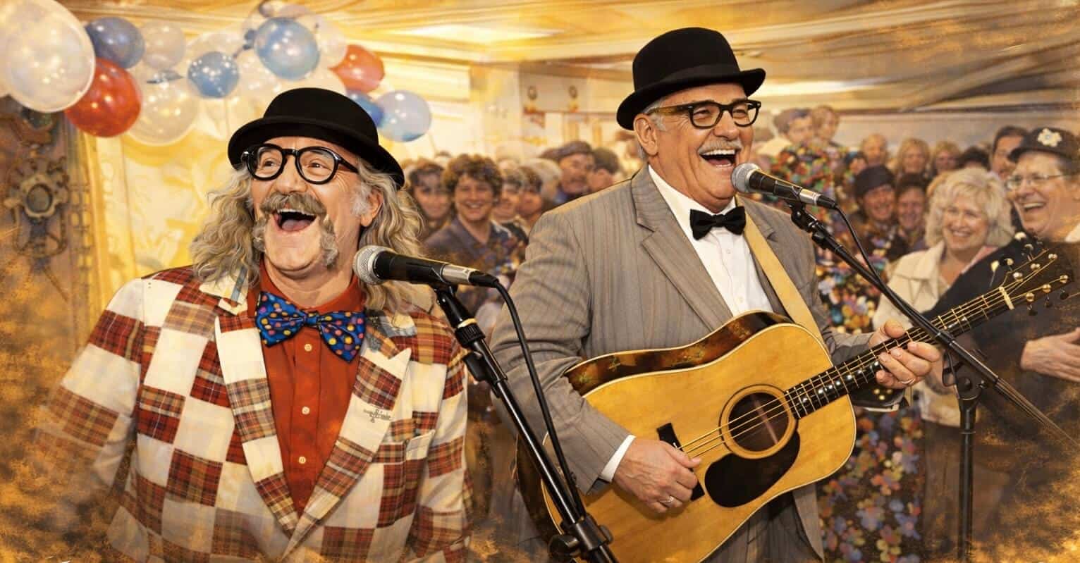 Zwei Männer beim Kölschen Humor mit Herz, singend und Gitarre spielend auf der Bühne.