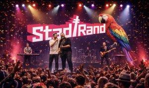 Parrot auf der Bühne bei Stadtrand Karneval mit Musikern und Publikum im Hintergrund.