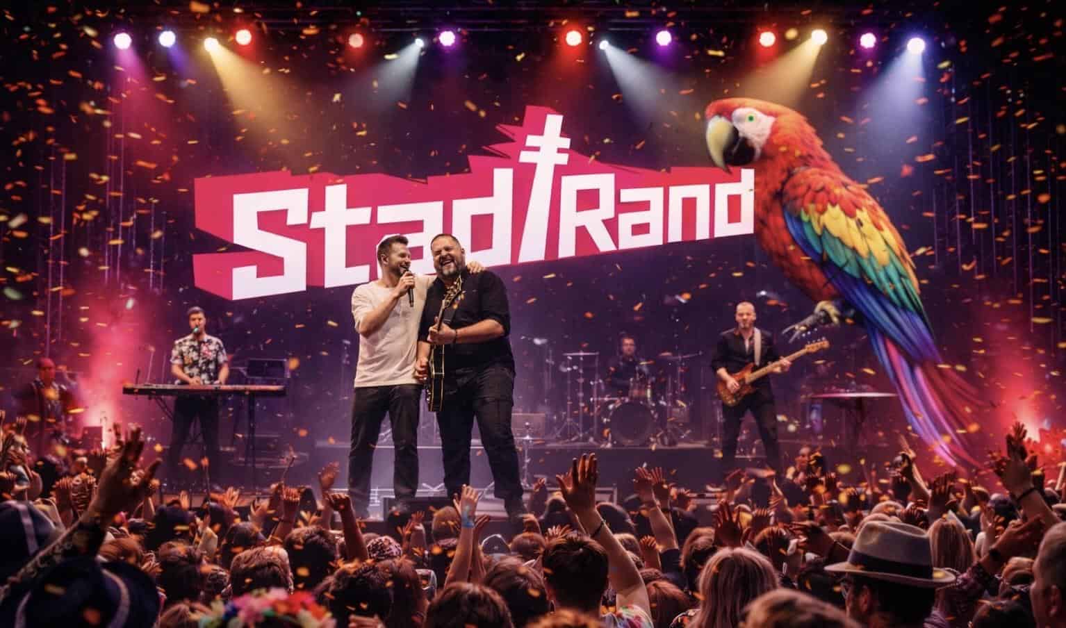 Parrot auf der Bühne bei Stadtrand Karneval mit Musikern und Publikum im Hintergrund.