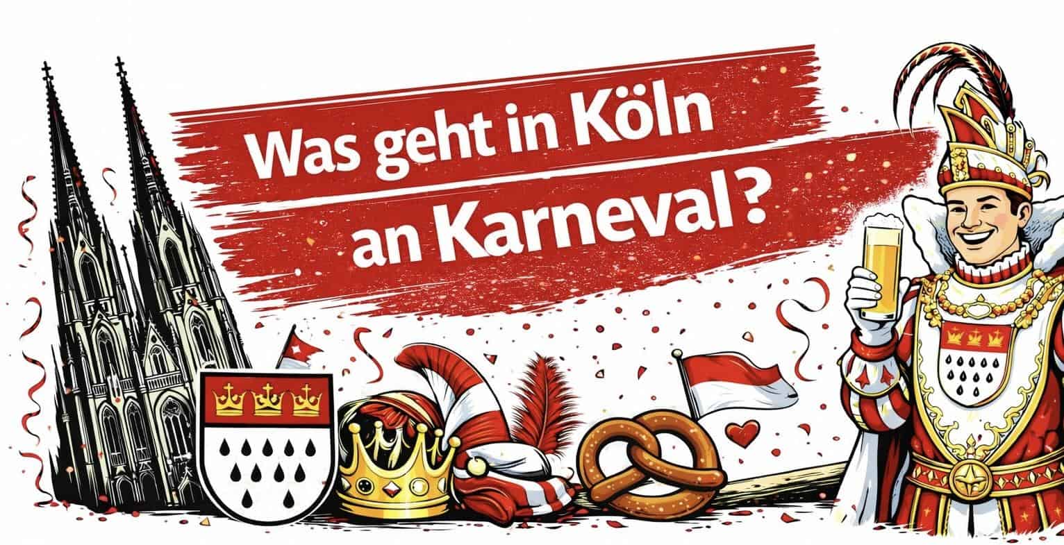 Feiernde Menschen in bunten Kostümen beim Kölner Karneval, mit Dom im Hintergrund.
