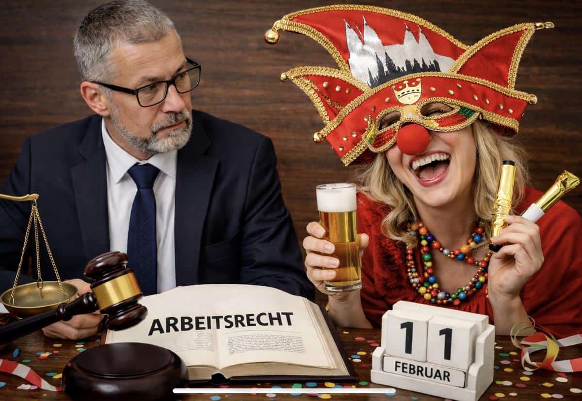 Illustration zum Bürokarneval: ein Anwalt mit Gesetzbuch „Arbeitsrecht“ neben einer Frau in Jecken-Kostüm mit Bier, Datum 11. Februar