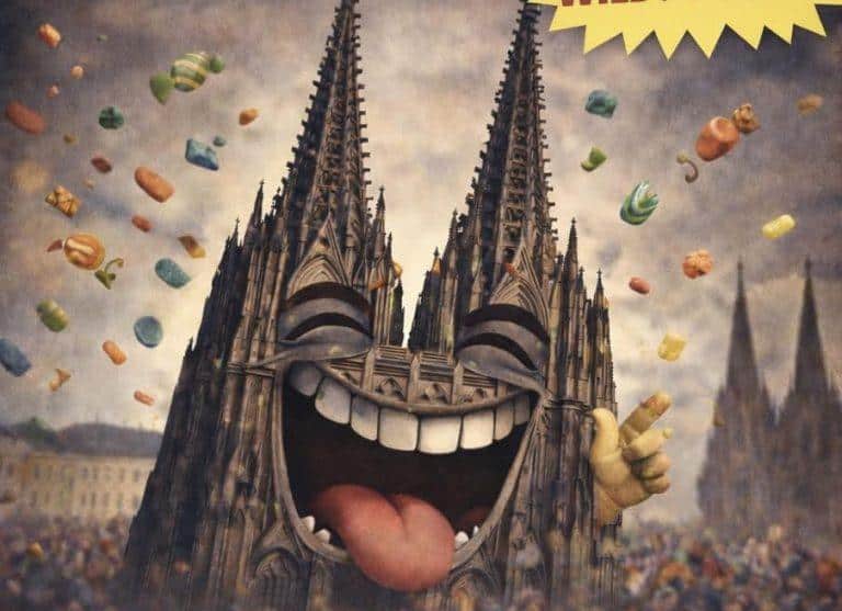 Karneval im Jahr 2030 mit lachendem Kölner Dom und bunten Konfetti.