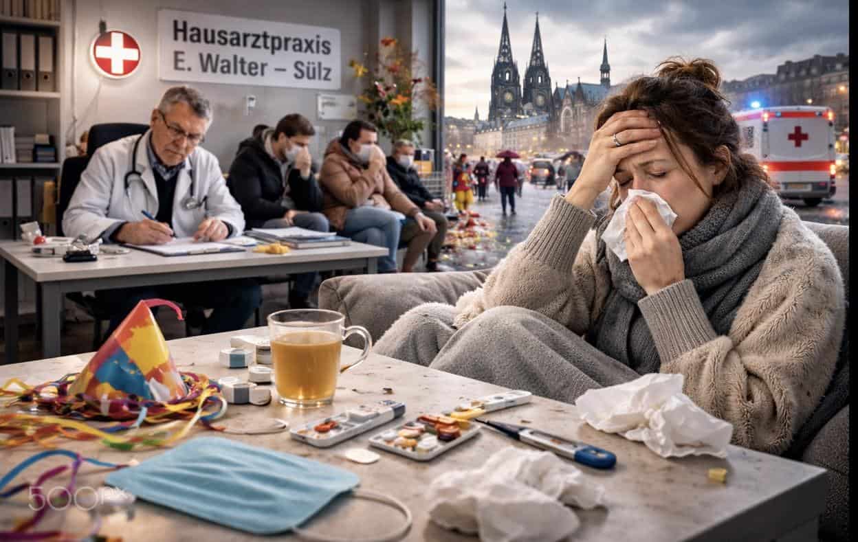 Frau mit Erkältungssymptomen bei Karnevals-Feier in Köln, Infektionsrisiko erhöht.